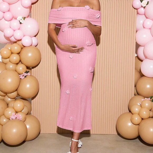 Pink Elegant Women's 3d Floral Off Shoulder Fitted Maternity Baby Dress Pink Elegant Women's 3d Floral Off Shoulder Fitted Maternity Baby Dress